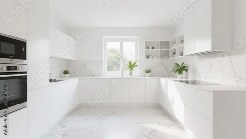 Modern White Kitchen with Marble Countertops and Built-in Appliances