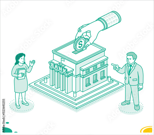 Isometric outline illustration of a large hand placing a dollar coin into a bank. A man and woman stand nearby discussing financial matters. Banking, investment, and savings.