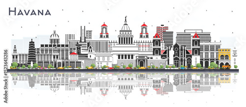 Havana Cuba City Skyline with Color Buildings and reflections Isolated on White. Illustration. Travel and Tourism Concept with Historic and Modern Architecture. Havana Cityscape with Landmarks.