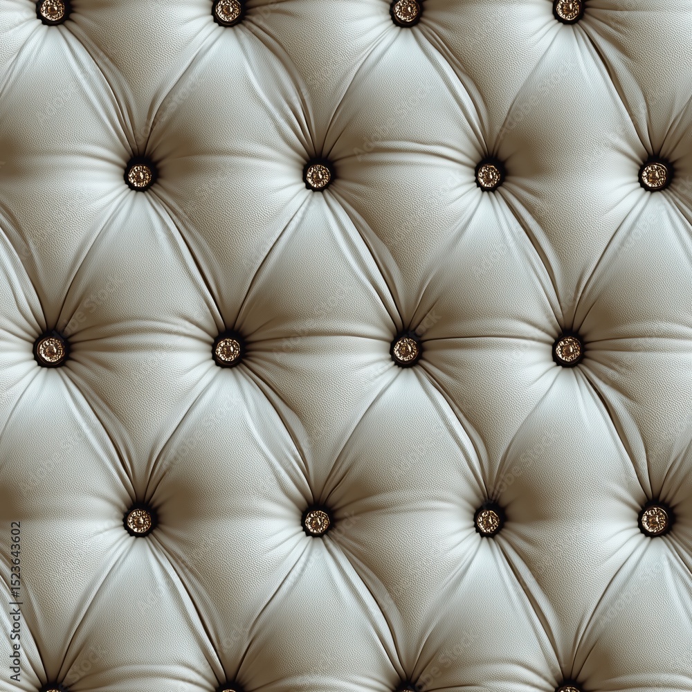 Fototapeta premium Seamless pattern of high-quality, elegant white leather upholstery with classic diamond tufting and shimmering golden buttons. Ideal for luxurious backgrounds.