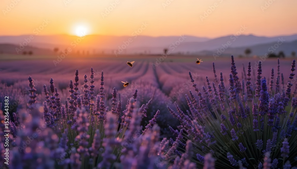 Naklejka premium Lavender field at sunset with bees flying over purple flowers