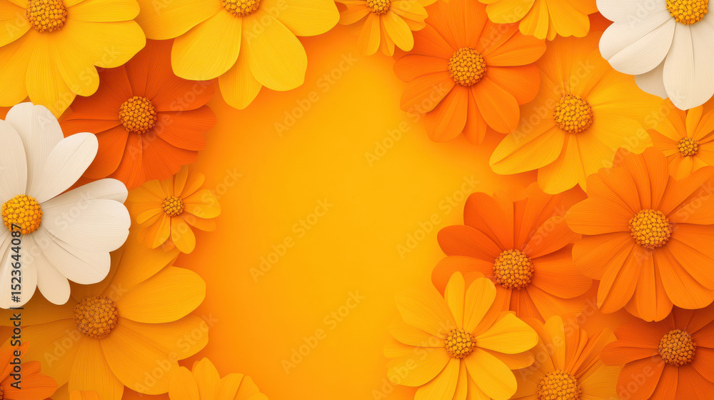 Naklejka premium Vibrant floral seamless pattern with large orange and white flowers on bright yellow background, creating cheerful atmosphere