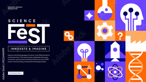Science and Innovation Pattern – Orange and Violet Geometric Design with Lab and Tech Symbols for Events and Education