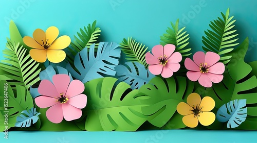 Paper Flowers Tropical Leaves Border.