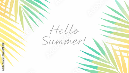 Watercolor palm leaves frame with hello summer text on a white background for a summery tropical feel
