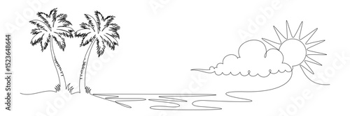 continuous line drawing of palm trees on the beach for summer 4
