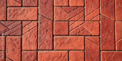 Wallpaper Mural Terracotta clay pavers featuring geometric herringbone and basketweave patterns in rich reddish-orange tones with natural texture and traditional brick-style rectangular tile shapes. Torontodigital.ca