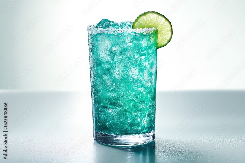 A refreshing turquoise drink garnished with lime. A refreshing turquoise drink garnished with lime.