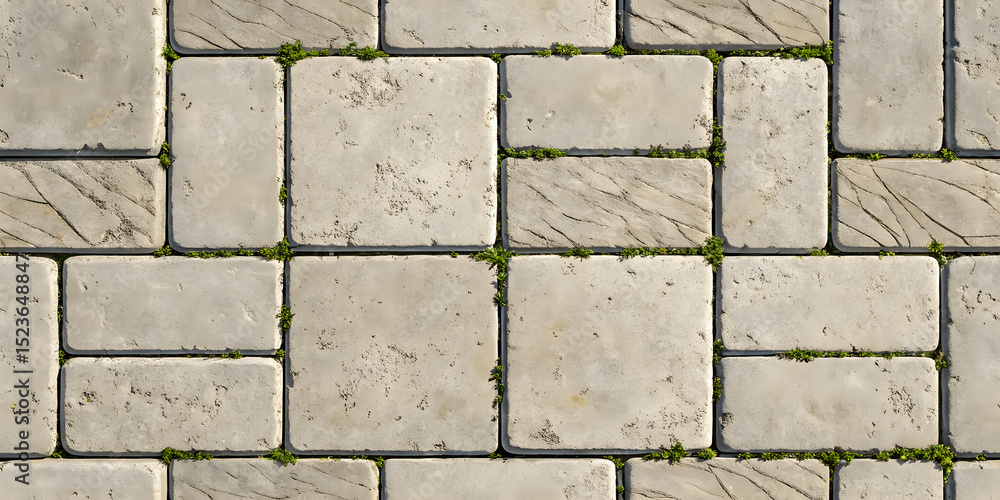 Obraz premium Weathered concrete pavers in running bond pattern with moss growth in joints showing aged gray surface texture and natural outdoor stone weathering.