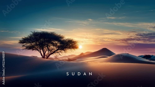 Wide sunrise landscape of a Sudanese desert with acacia tree silhouetted against rolling dunes, captured in cinematic  sunrise light. 
