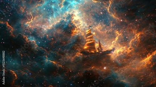 Wallpaper Mural A majestic vessel sails through a vibrant cosmic nebula.  A ship floats amidst swirling clouds of vibrant colors Torontodigital.ca