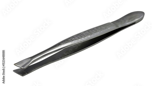 Fotografie Closeup view of a metal eyebrow tweezer with a slanted tip, designed for precise removal of unwanted facial hair, commonly used in personal grooming and beauty routines, isolated on white background