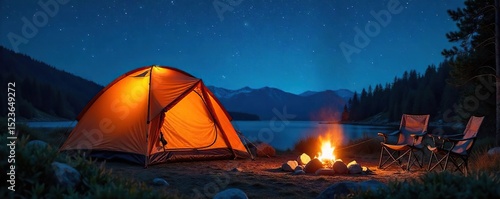 A cozy campsite scene featuring a durable, waterproof tent pitched under a starry night sky, alongside a campfire and comfortable camping chairs Ready for adventure and relaxation , outdoor, dark