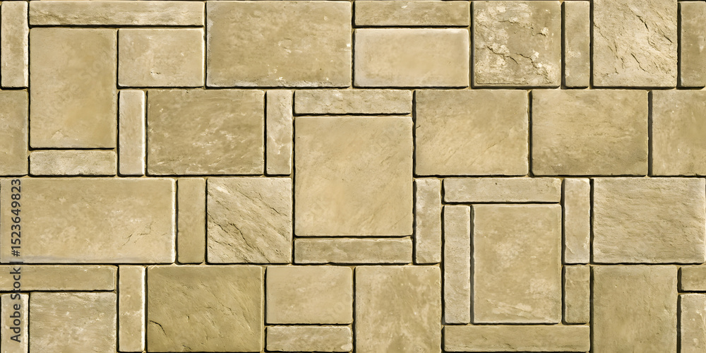 Naklejka premium Tan limestone rectangular tiles arranged in modular pattern with varied sizes creating geometric design on natural stone flooring surface.