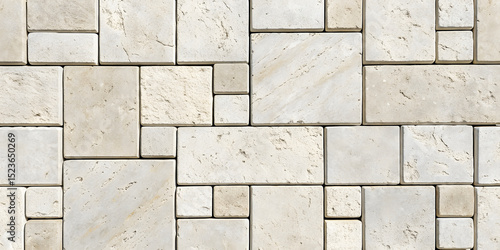 Light beige travertine tiles in various rectangular sizes arranged in random pattern with minimal grout lines throughout.