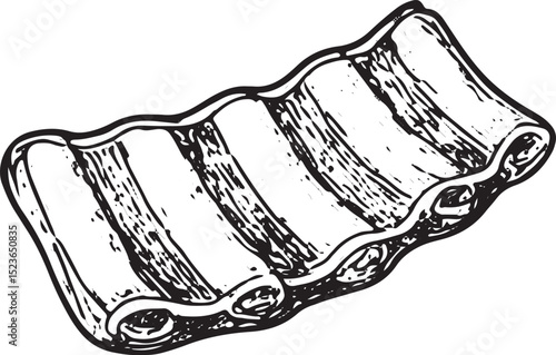 A detailed black-and-white sketch of juicy BBQ ribs with grill marks, stacked and ready to eat, embodying a smoky, savory flavor for a perfect outdoor barbecue experience
