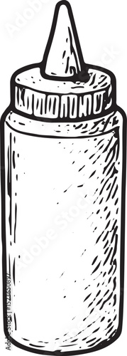 A black-and-white sketch of a ketchup bottle, a staple condiment for BBQ, adding a tangy flavor to grilled foods in an outdoor picnic or barbecue setting