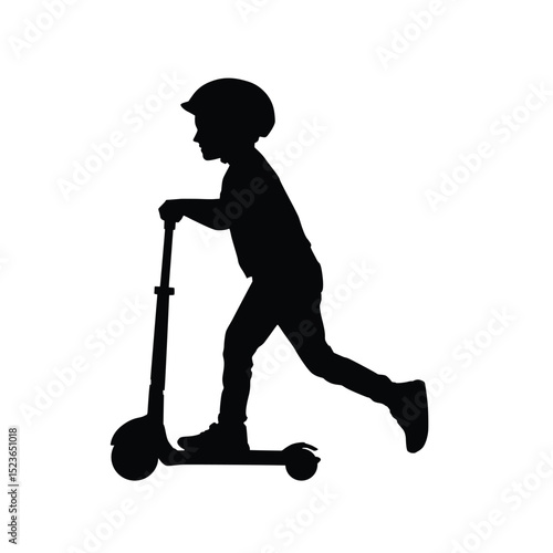 Silhouette of child riding a kick scooter wearing a helmet