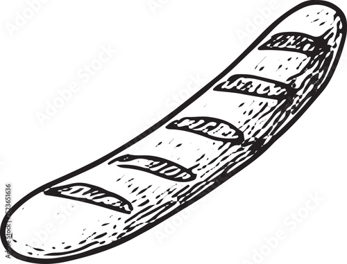 A black-and-white sketch of a grilled sausage with char marks, exuding a smoky aroma, ideal for a hearty BBQ spread in an outdoor picnic or summer gathering
