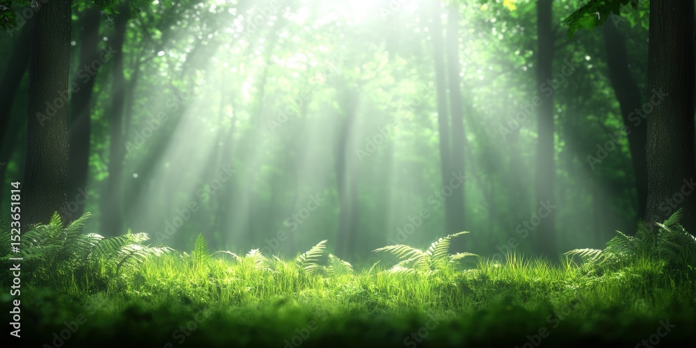 Fototapeta premium Sunlight filtering through forest trees illuminating green ferns and undergrowth