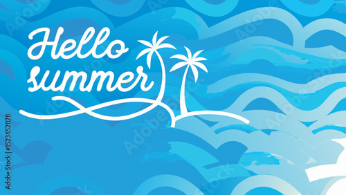 Hello summer text with palm trees on a small island and blue waves background design illustration