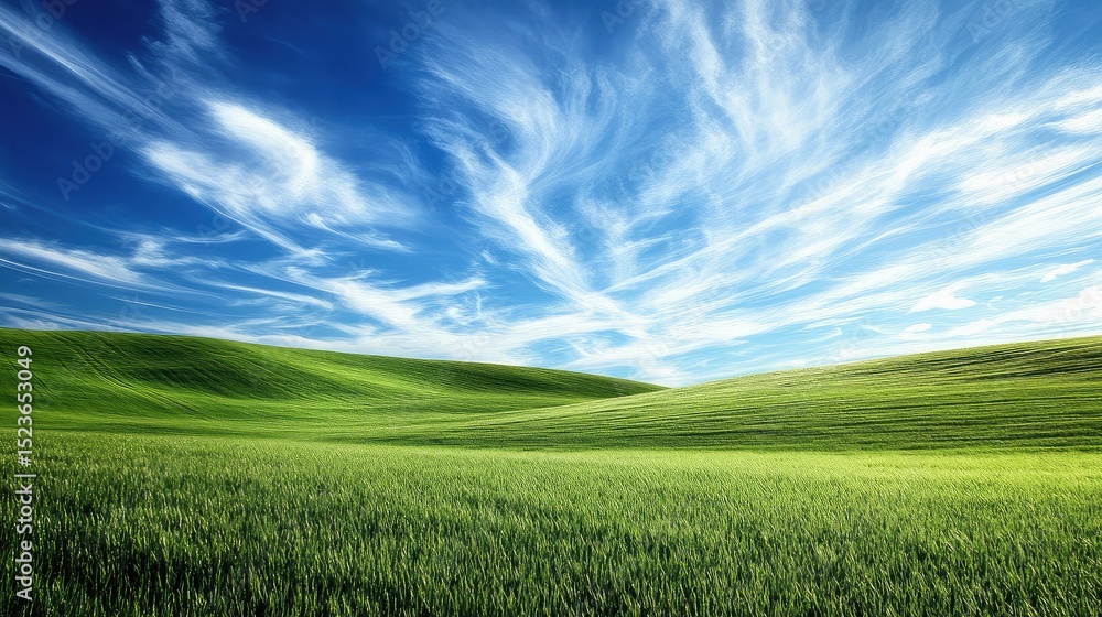 Fototapeta premium Scenic Green Meadow with Rolling Hills Under a Bright Blue Sky