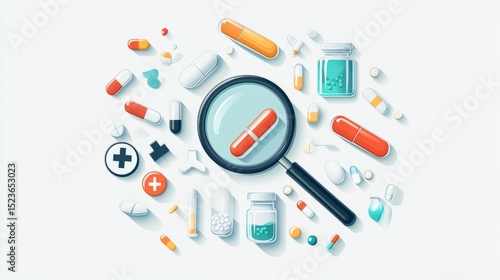 Investigating medical supplies pharmacy digital illustration clean workspace overhead view health awareness