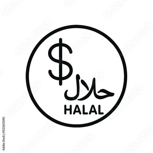 Minimal line art icon of halal financial products with dollar sign and Arabic word "Halal" in circle representing Shariah-compliant finance and ethical investment