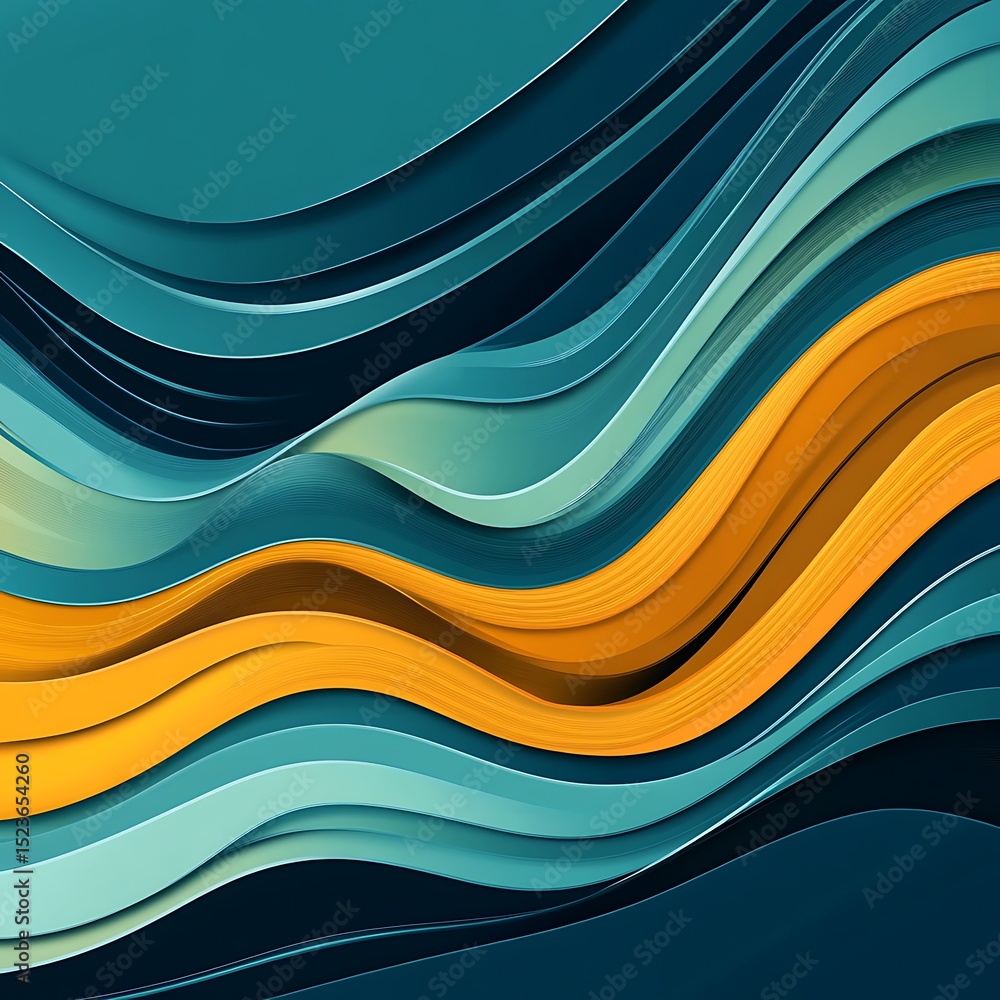 Dynamic layered waves in teal and ochre hues. Dynamic layered waves in teal and ochre hues.