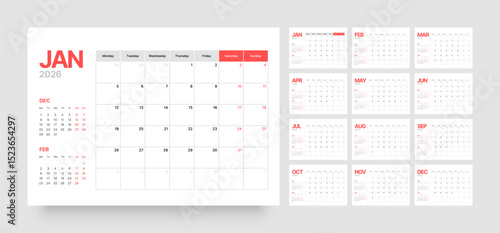 Monthly calendar layout for 2026 year. Diary planner for 2026 year. Week Starts on Monday. 
