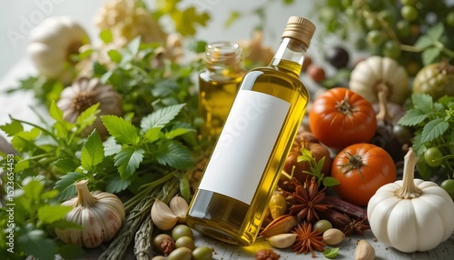 Olive oil bottle mockup with fresh herbs and vegetables display