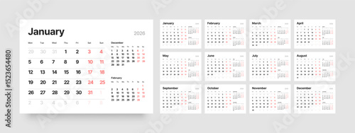 Monthly calendar layout for 2026 year. Diary planner for 2026 year. Week Starts on Monday. 