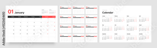 Monthly calendar layout for 2026 year. Diary planner for 2026 year. Week Starts on Monday. 