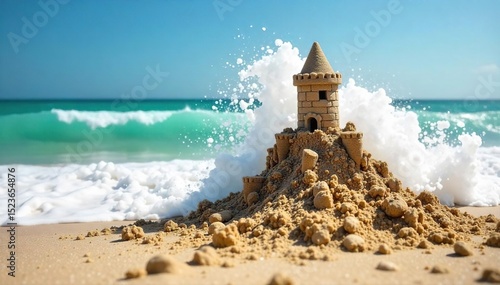 A sandcastle crumbles dramatically as a wave crashes, leaving behind a tiny, defeated turret The perfect comedic image of beachside chaos and nature's playful destruction , amusement, coastal scene