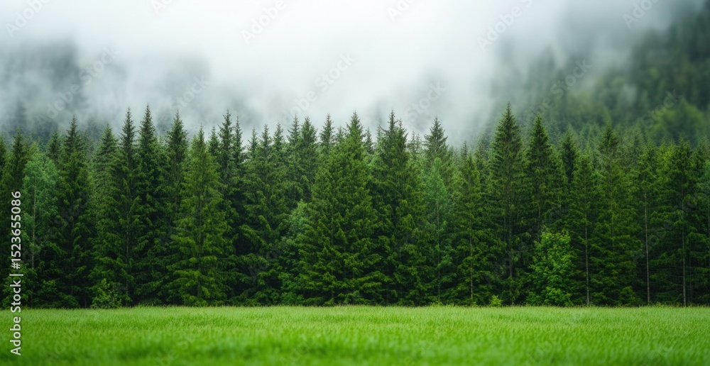 Fototapeta premium Lush green meadow and misty evergreen forest