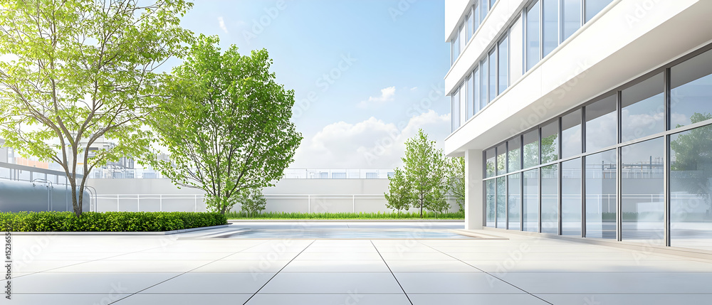 Fototapeta premium Modern Office Building Exterior With Lush Trees