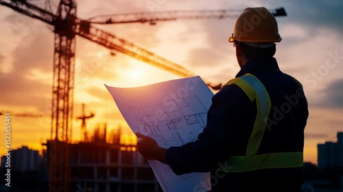 Wallpaper Mural Construction Worker Holding Blueprint at Sunset with Crane in Background for Project Planning Torontodigital.ca