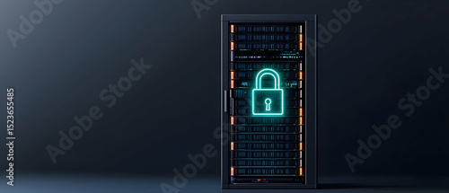 Secure Server Rack With Neon Lock Symbol