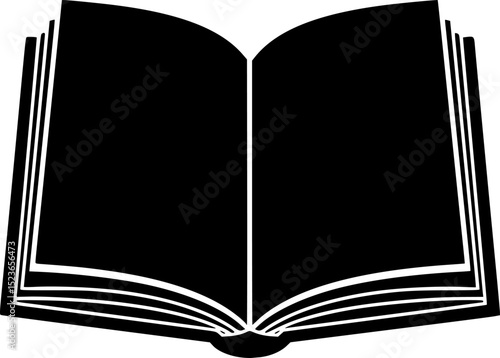 A stylized, open book, depicted as a solid black silhouette