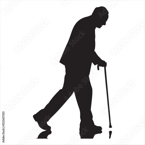 Silhouette of an elderly man walking with a cane simple black and white vector illustration