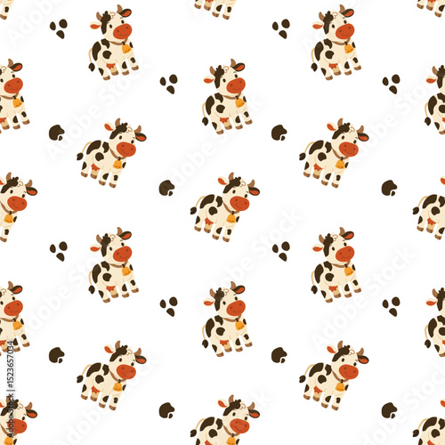 Seamless pattern with cute cartoon cow and hoof prints in flat style, great for kids textiles, baby products, farm-themed designs, and nursery decor
