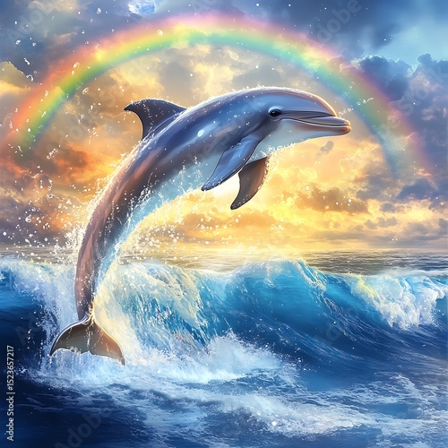 Amid a radiant rainbow in the sky and the shimmering waves of the ocean, a majestic dolphin leaps into the air in vibrant fantasy art style.
