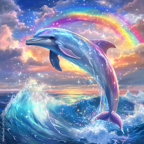 Amid a radiant rainbow in the sky and the shimmering waves of the ocean, a majestic dolphin leaps into the air in vibrant fantasy art style.