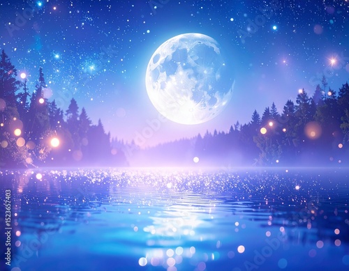 大きな月が輝くファンタジーな夜の森