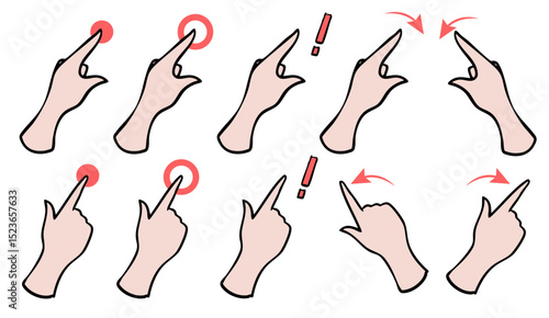 タップやスワイプ動作を示すシンプルなジェスチャーイラストセット