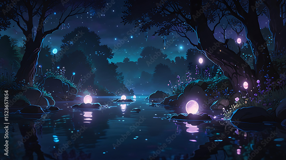 Obraz premium Enchanted Forest Night Glowing River, Magical Lights, Dreamlike Fantasy Art