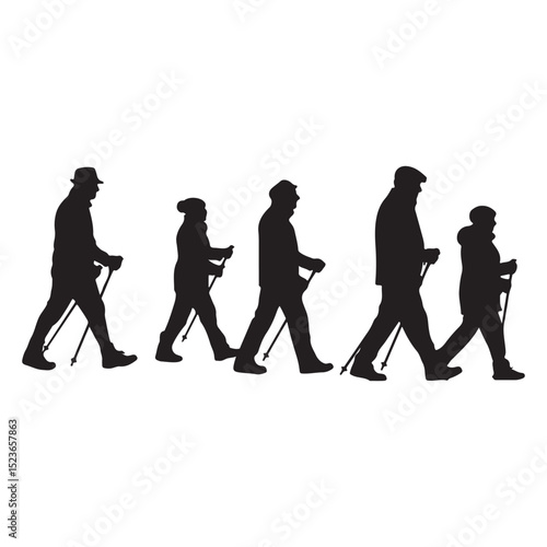 Silhouettes of people nordic walking with poles against a clean white background
