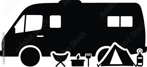 A black silhouette of a camper van with camping gear including a tent and a folding chair shown