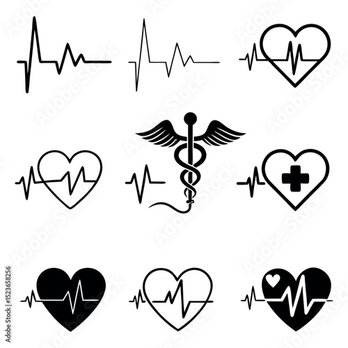 Heartbeat Medical Icons Vector Set ECG, Heart Health, Healthcare Symbols