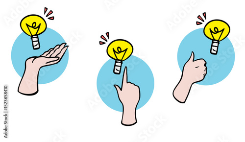 ひらめきとアイデアを表現する電球ジェスチャーイラストセット　ベクター